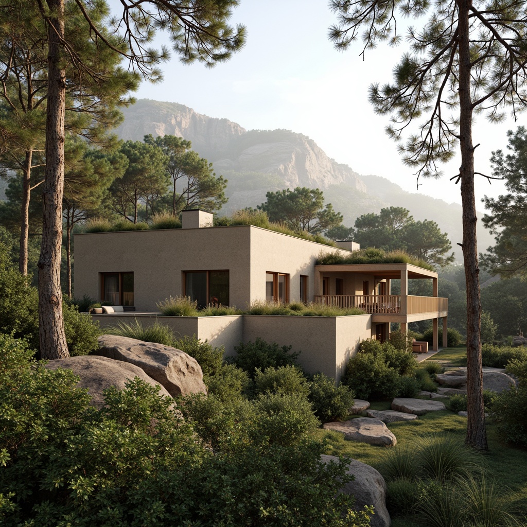 Prompt: Earth-toned villa, natural stone walls, reclaimed wood accents, lush green roofs, solar panels, rainwater harvesting systems, eco-friendly materials, minimalist interior design, neutral color palette, beige stucco exterior, warm wood tones, soft ambient lighting, shallow depth of field, 3/4 composition, realistic textures, ambient occlusion, serene forest surroundings, misty morning atmosphere, gentle sunlight filtering through trees.