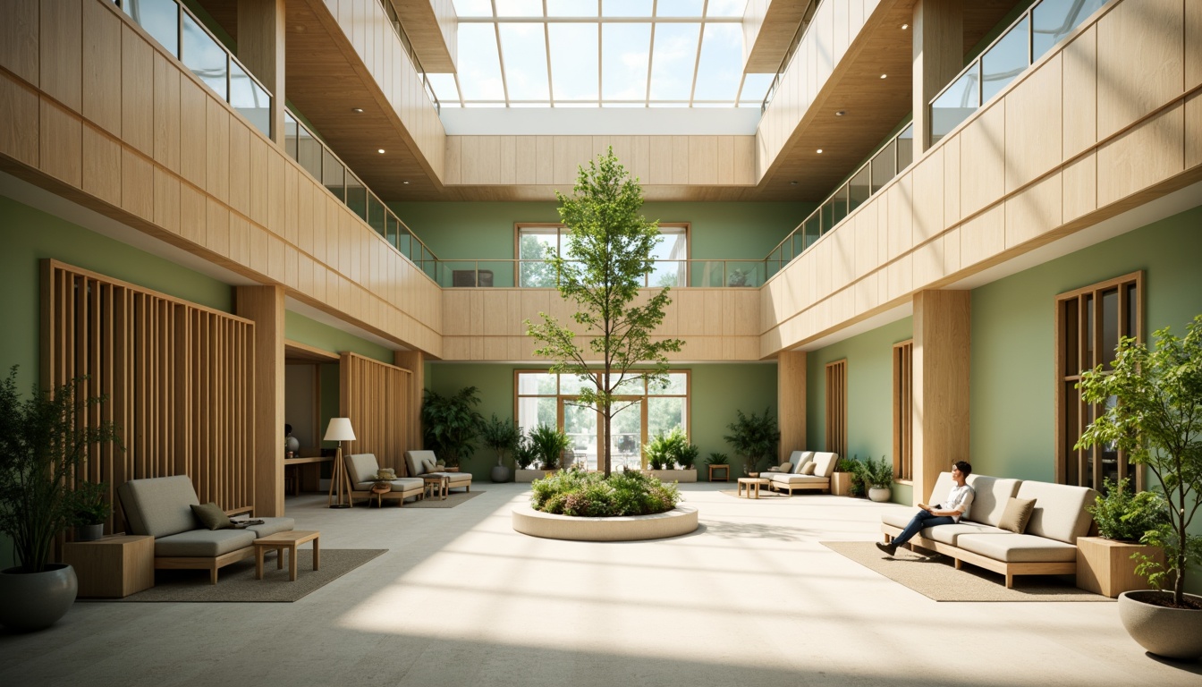 Prompt: Soothing hospital interior, natural light pouring in, calming ambiance, gentle wooden tones, soft green walls, comfortable patient rooms, warm beige floors, minimal medical equipment, peaceful waiting areas, lush indoor plants, circular atrium, abundant skylights, subtle color palette, serene atmosphere, shallow depth of field, 1/1 composition, realistic textures, ambient occlusion.