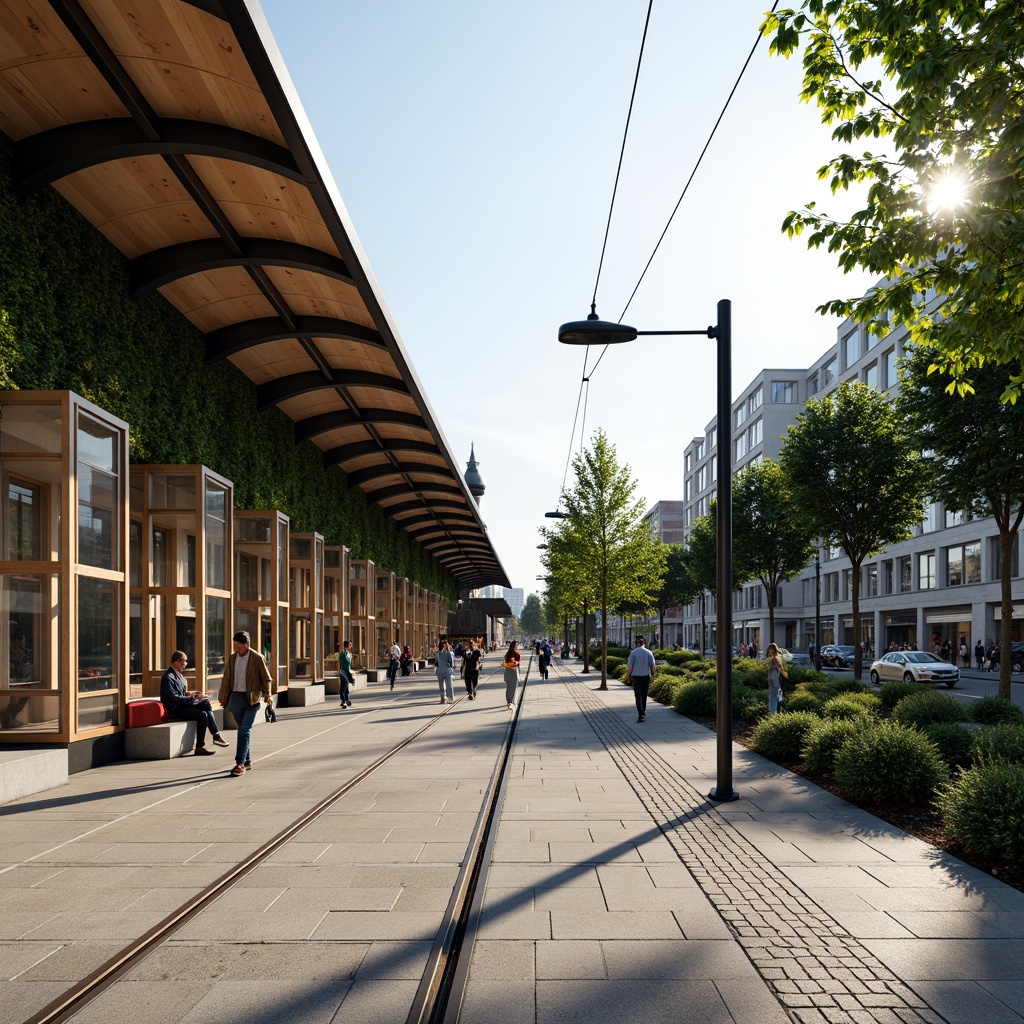 Prompt: Tranquil tram station, seamless urban integration, modern curved lines, large glass roofs, natural stone flooring, lush greenery walls, vibrant street art, bustling city atmosphere, warm sunny day, soft diffused lighting, shallow depth of field, 1/1 composition, realistic textures, ambient occlusion, harmonious blend with surroundings, pedestrian-friendly access, efficient public transportation hub.