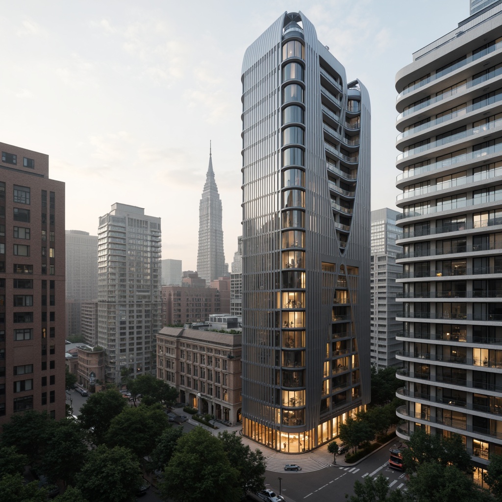 Prompt: Curved rooflines, streamlined modern buildings, Art Deco inspirations, metallic materials, chromed accents, luxurious high-rise apartments, urban cityscape, morning mist, soft warm lighting, shallow depth of field, 3/4 composition, panoramic view, realistic reflections, ambient occlusion.