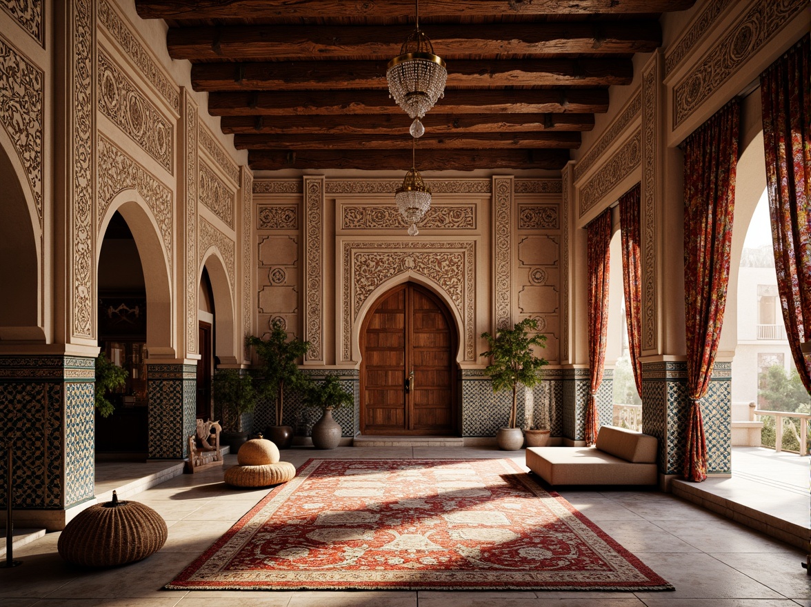 Prompt: Intricate Middle Eastern-inspired geometric motifs, vibrant colorful woven fabrics, ornate Islamic architectural details, grand mosques, majestic arches, intricately carved wooden doors, luxurious Persian rugs, Moroccan tile work, eclectic global cultural fusion, warm natural lighting, shallow depth of field, 3/4 composition, realistic textures, ambient occlusion.