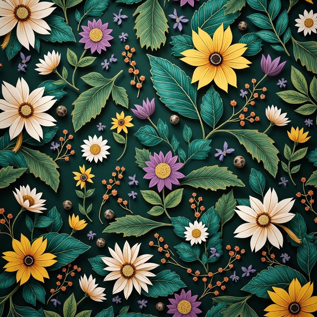 Prompt: Intricate floral patterns, organic shapes, sinuous lines, luxurious fabrics, rich jewel tones, emerald green, sapphire blue, amethyst purple, golden yellow, copper accents, soft pastel hues, creamy whites, velvety blacks, subtle texture overlays, ornate typography, flowing curves, whimsical illustrations, dreamy landscapes, mystical ambiance, warm golden lighting, shallow depth of field, 1/1 composition, realistic renderings, ambient occlusion.