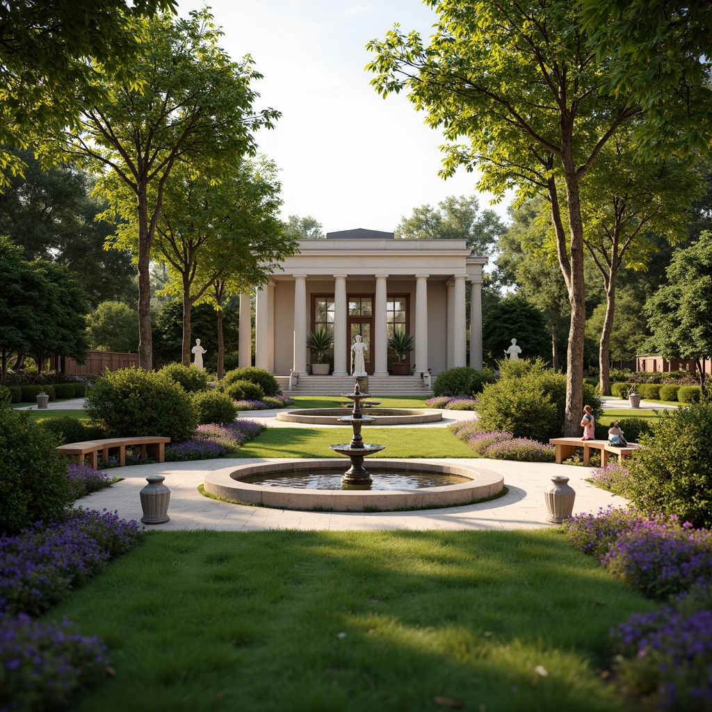 Prompt: Manicured lawns, ornate fountains, symmetrical pathways, sculpted hedges, vibrant flowerbeds, grand entrance gates, imposing stone columns, neoclassical statues, elegant garden benches, decorative urns, refined lanterns, soft warm lighting, shallow depth of field, 3/4 composition, panoramic view, realistic textures, ambient occlusion.