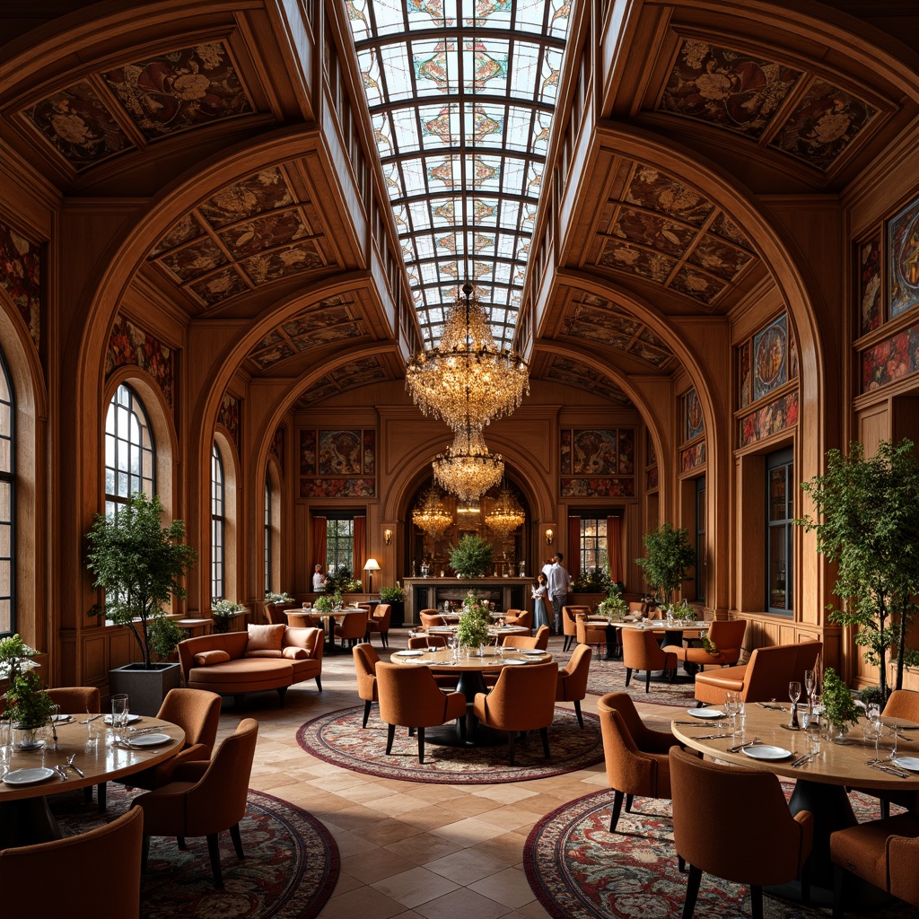 Prompt: Opulent dining hall, curved wooden furniture, sinuous lines, organic forms, flowing patterns, stained glass chandeliers, intricate metalwork, velvet upholstery, rich wood tones, ornate carvings, botanical motifs, elegant curves, luxurious fabrics, dramatic lighting, warm color palette, high ceilings, grand scale, symmetrical composition, realistic reflections, ambient occlusion.