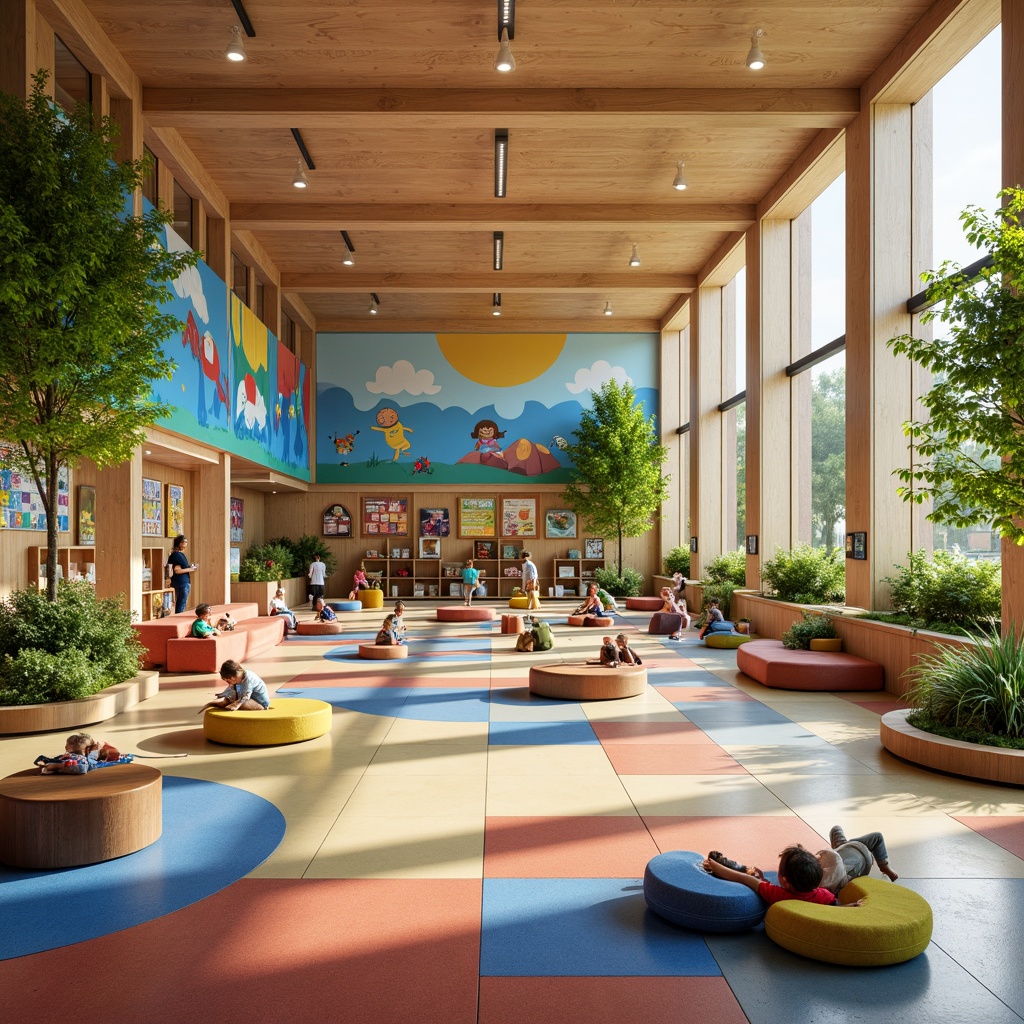 Prompt: Vibrant kindergarten, playful murals, whimsical sculptures, colorful tiles, interactive exhibits, educational signage, natural wood accents, curved lines, circular shapes, stimulating colors, soft cushions, cozy reading nooks, abundant greenery, sunny atmosphere, warm lighting, shallow depth of field, 1/1 composition, panoramic view, realistic textures, ambient occlusion.