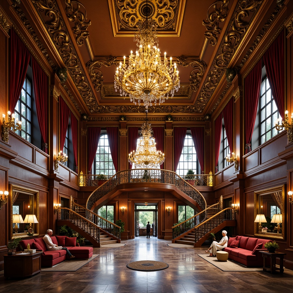 Prompt: Opulent chandeliers, intricate metalwork, flowing organic lines, sinuous curves, lavish furnishings, velvet drapes, ornate mirrors, gilded frames, stately columns, grand staircase, polished marble floors, rich wood paneling, stained glass windows, warm golden lighting, soft focus, shallow depth of field, 2/3 composition, symmetrical framing, detailed textures, ambient occlusion.