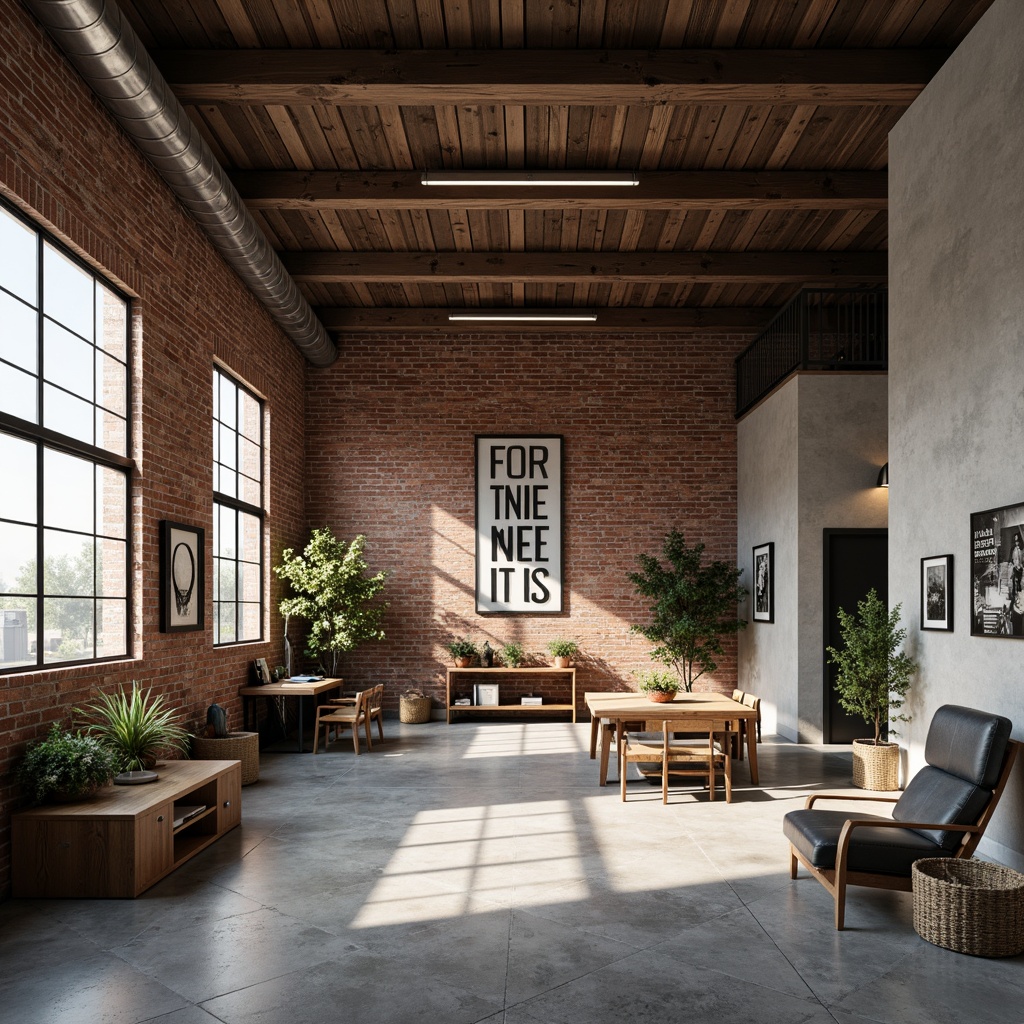 Prompt: Industrial-chic factory building, exposed brick walls, raw concrete floors, steel beam ceilings, minimalist aesthetic, functional simplicity, bold typography, primary color palette, rectangular forms, clean lines, geometric shapes, distressed wood accents, metallic finishes, industrial lighting fixtures, urban loft atmosphere, soft natural light, high contrast ratio, 1/1 composition, dramatic shadows, cinematic mood.