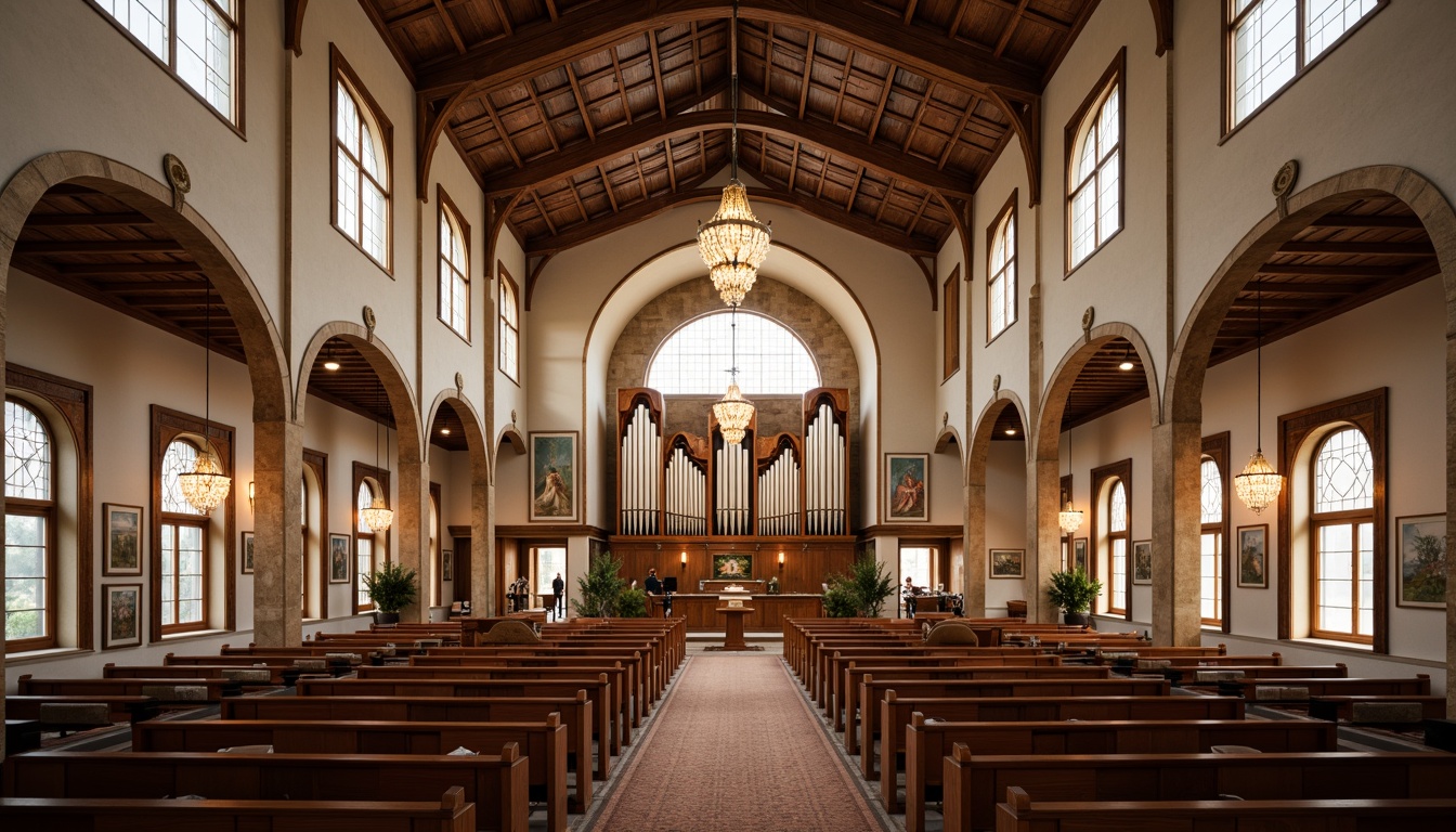 Prompt: Elegant church interior, vaulted ceilings, ornate chandeliers, wooden pews, stained glass windows, soft carpeting, acoustic panels, sound-absorbing materials, reverberation reduction, clear speech intelligibility, enhanced musical clarity, subtle echo effects, warm ambiance, natural stone walls, decorative tapestries, intricate murals, grand pipe organs, serene atmosphere, diffused lighting, 1/2 composition, shallow depth of field.