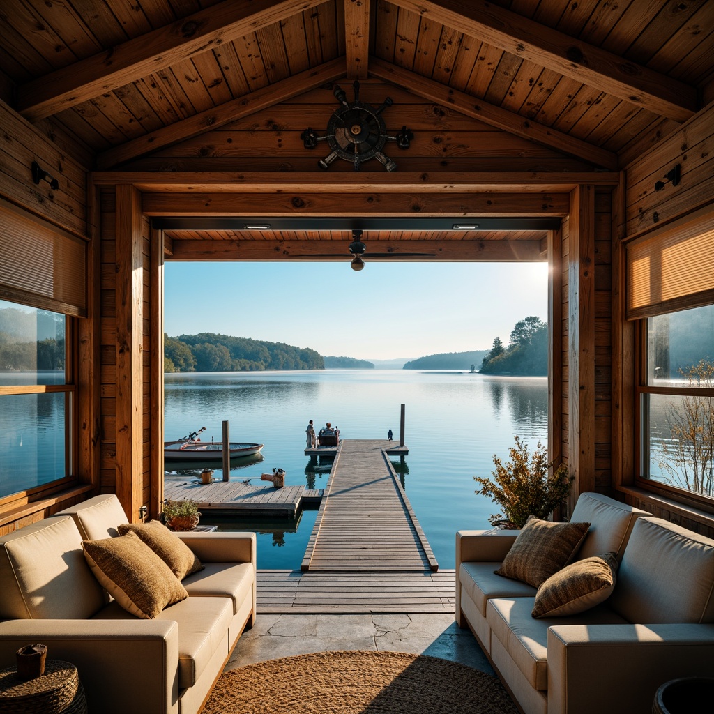 Prompt: Rustic boathouse, natural wood tones, earthy brown hues, calming blue waters, reflections on lake surface, serene atmosphere, wooden docks, nautical ropes, vintage navigation equipment, cozy interior lighting, warm beige upholstery, distressed wood accents, weathered metal decorations, soft morning mist, shallow depth of field, 1/1 composition, symmetrical framing, vibrant natural textures.