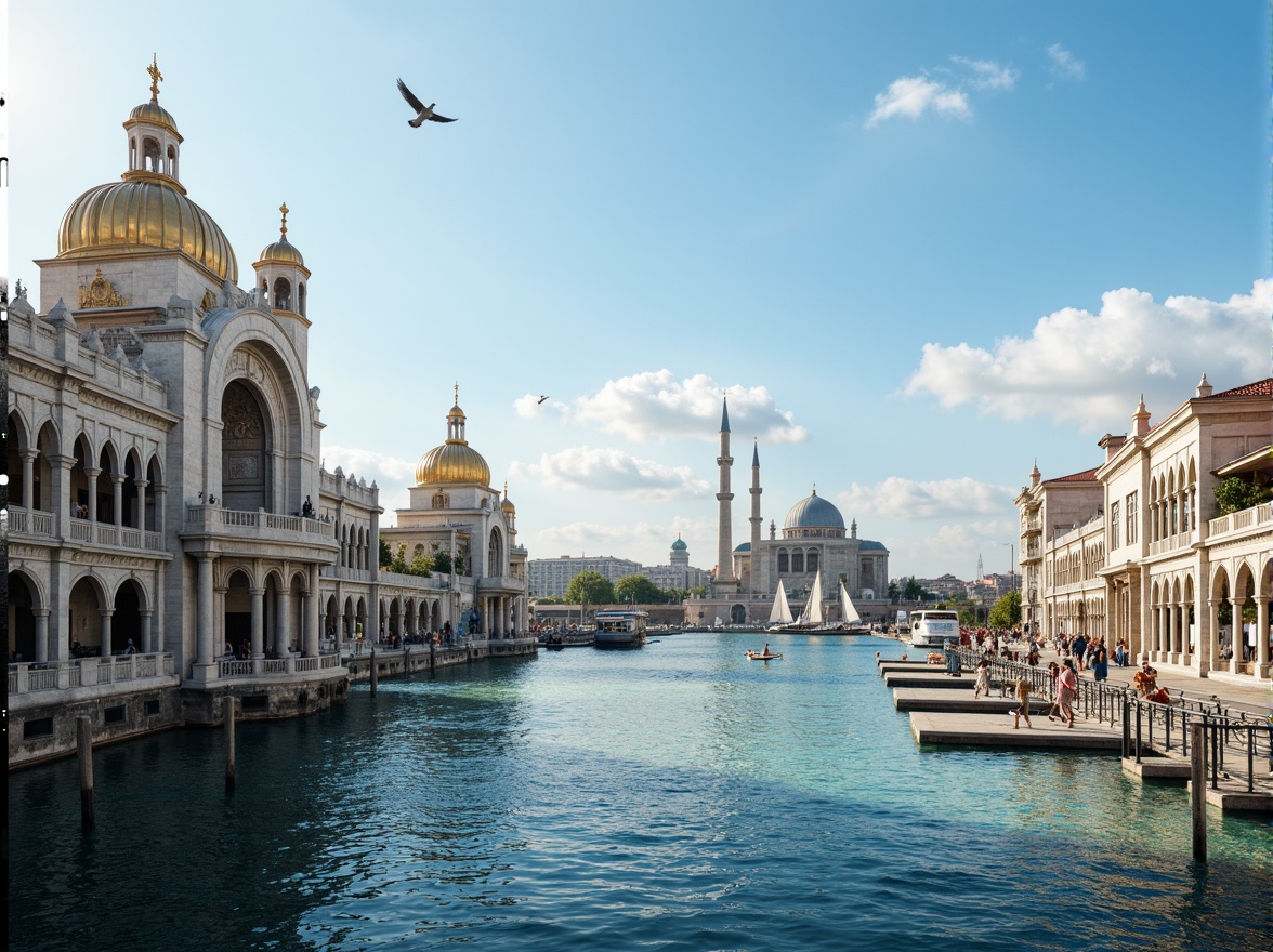 Prompt: Majestic waterfront, tranquil sea views, ornate Byzantine-style bridges, grand arches, intricate stone carvings, golden domes, majestic columns, ornamental ironwork, rustic wooden docks, seagulls flying overhead, clear blue waters, sailboats drifting by, warm sunny day, soft natural lighting, 1/2 composition, atmospheric perspective, realistic water reflections.