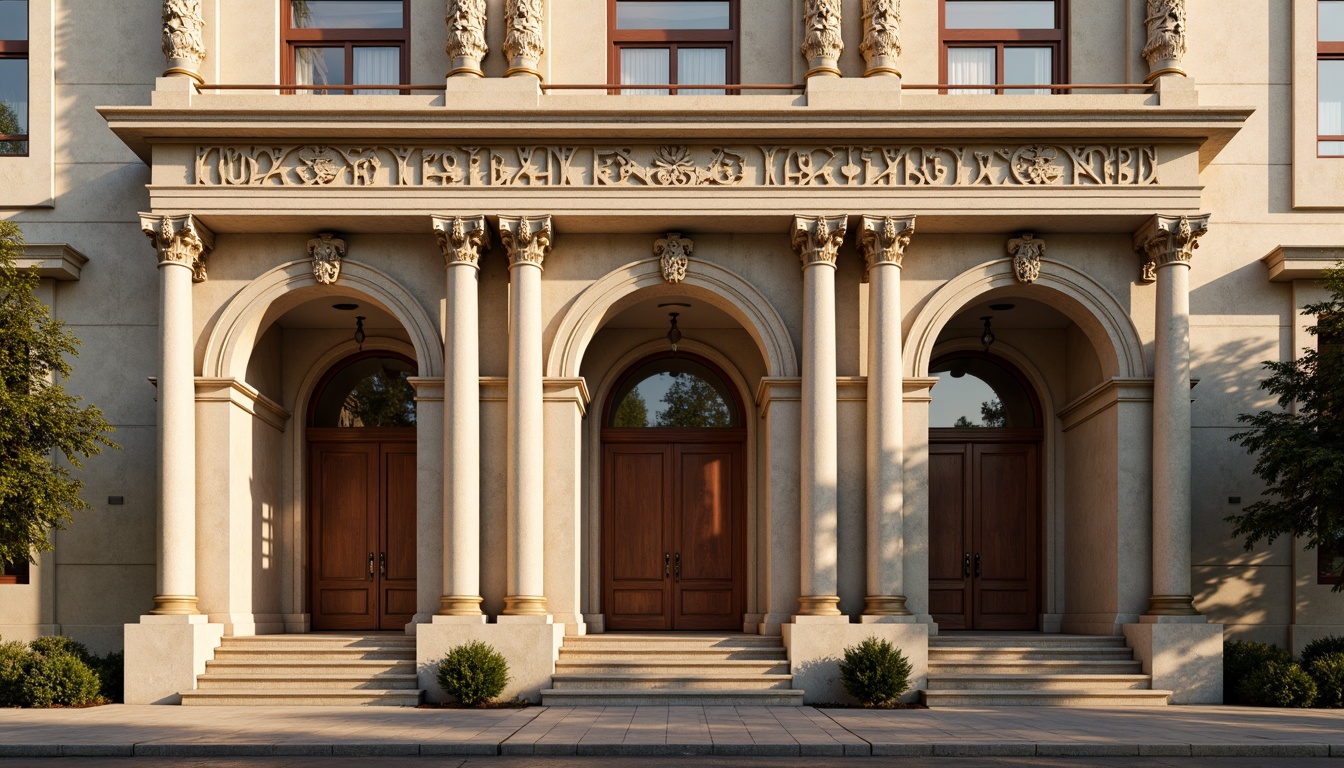 Prompt: Grandiose building facade, ornate columns, carved stone details, symmetrical composition, classic arches, intricately decorated pediments, ornamental moldings, subtle cornice lines, majestic entranceways, elegant balustrades, refined stucco finishes, earthy color palette, warm golden lighting, slight atmospheric fog, shallow depth of field, 2/3 composition, realistic textures, ambient occlusion.