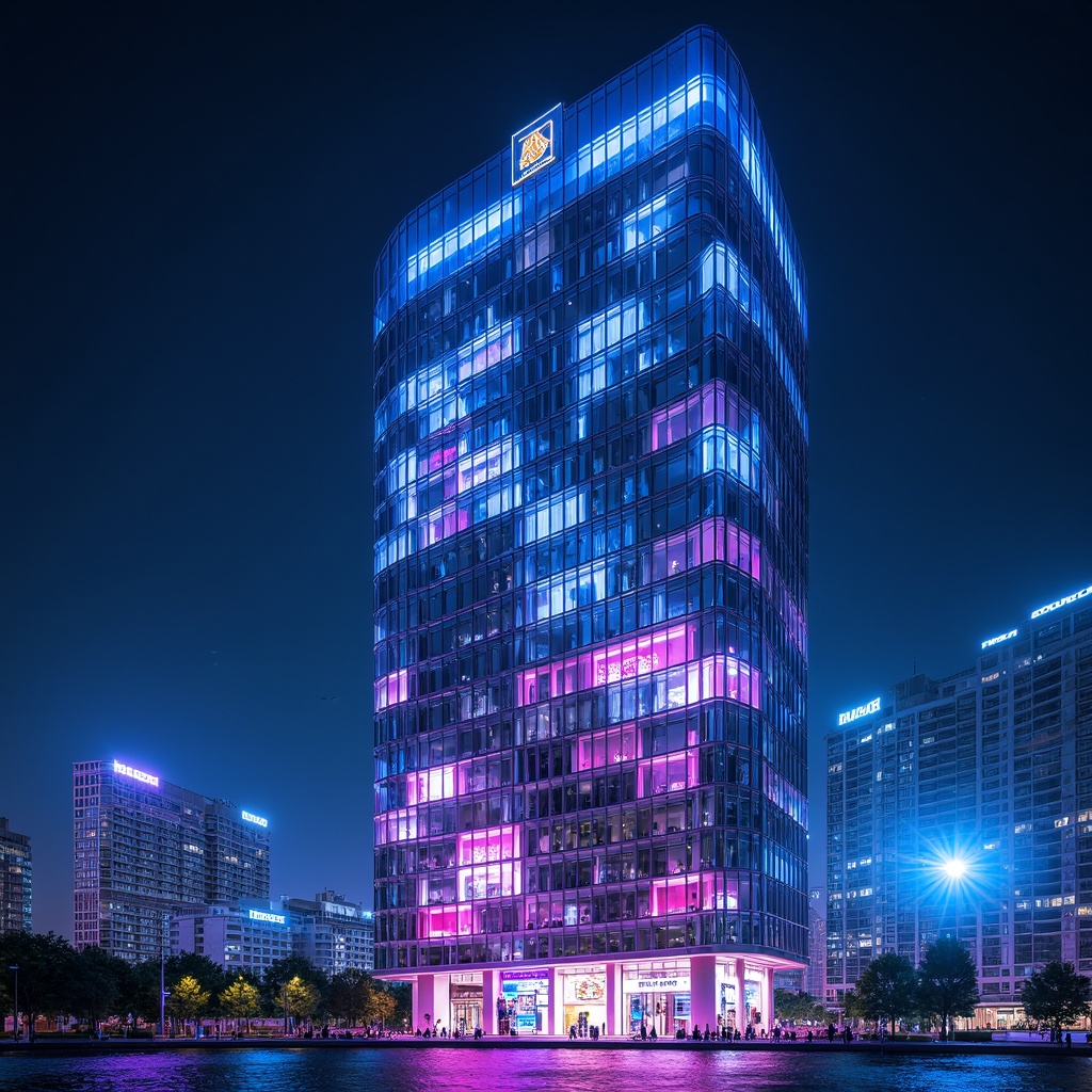 Prompt: Futuristic skyscraper, neon-lit cityscape, iridescent glass fa\u00e7ade, holographic advertisements, sleek metallic accents, luminescent LED lights, electric blue hues, vibrant purple tones, radiant silver lines, polished chrome surfaces, modern minimalist design, atmospheric mist effects, soft gradient transitions, cinematic camera angles, dramatic low-angle shots, high-contrast lighting, 1/1 composition, realistic reflections, ambient occlusion.