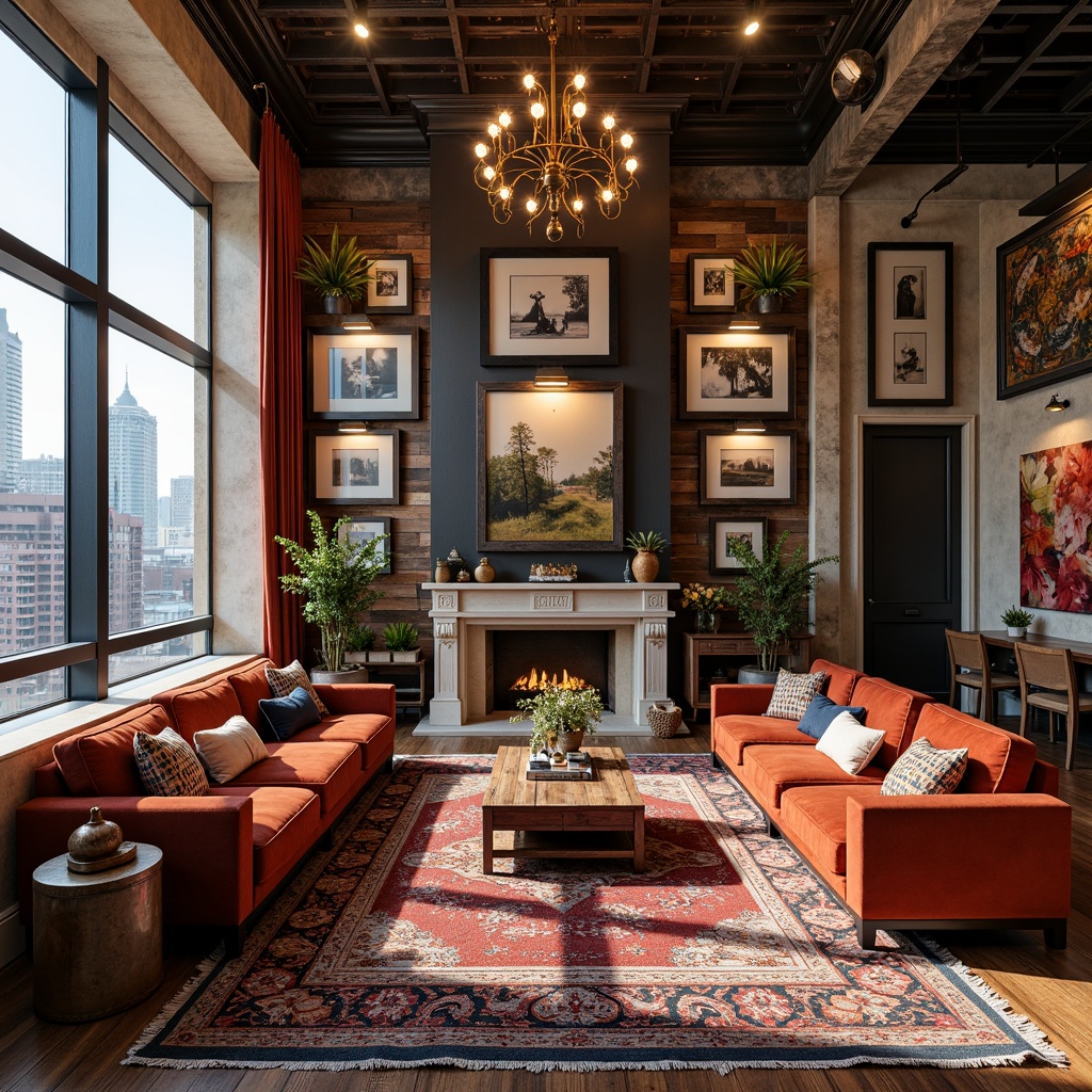 Prompt: Richly patterned rugs, luxurious velvet sofas, reclaimed wood accent walls, distressed metal decor, vintage industrial lighting fixtures, eclectic art collections, bold colorful throw pillows, mixed metallic tones, ornate wooden furniture, plush area rugs, natural stone fireplaces, grand chandeliers, oversized windows, dramatic drapery, urban cityscape views, warm golden lighting, shallow depth of field, 1/1 composition, realistic textures, ambient occlusion.