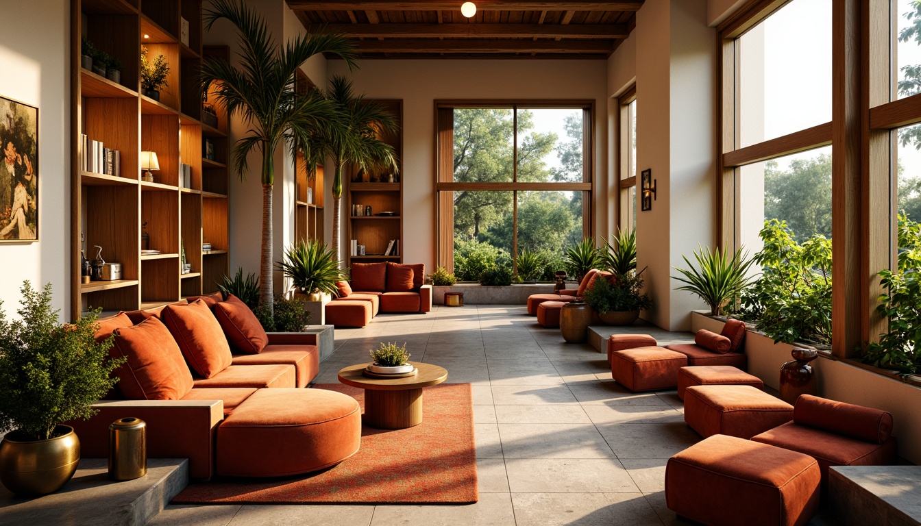 Prompt: Vibrant boutique hotel, warm earthy tones, rich wood accents, plush velvet fabrics, golden metallic fixtures, soft cream-colored walls, inviting ambiance, cozy seating areas, lush greenery, natural stone flooring, floor-to-ceiling windows, abundant natural light, warm atmospheric lighting, 1/1 composition, realistic textures, ambient occlusion.