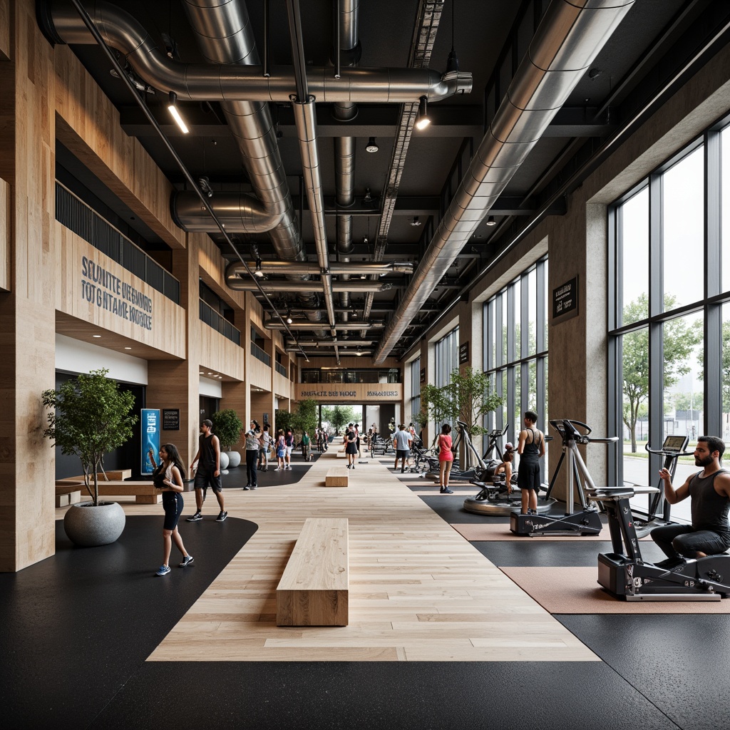 Prompt: Industrial fitness club, exposed ductwork, concrete floors, metallic equipment, textured walls, wooden accents, urban loft atmosphere, high ceilings, large windows, natural light, motivational quotes, sleek metal beams, modern industrial design, rubber flooring, athletic tracks, stadium-style seating, dynamic color schemes, energetic ambiance, shallow depth of field, 1/2 composition, realistic textures, ambient occlusion.