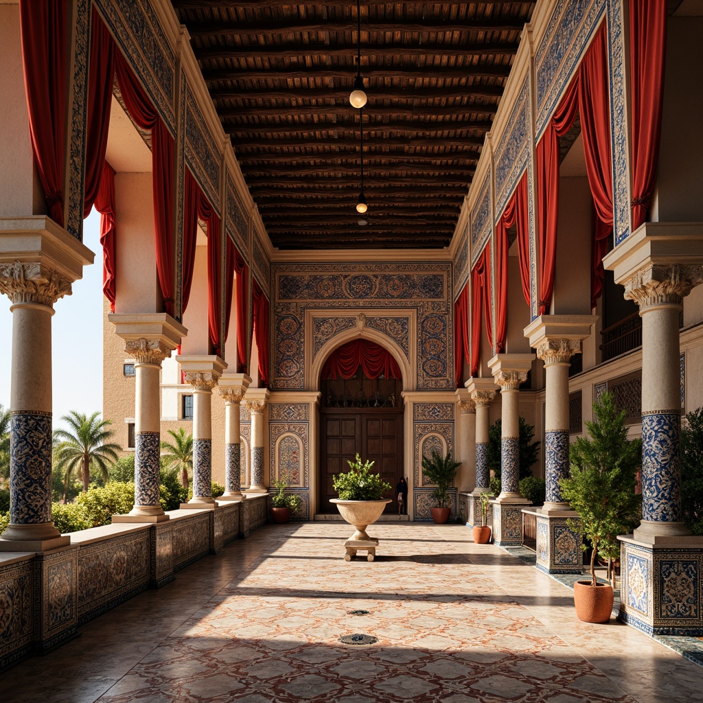 Prompt: Intricate Moroccan tiles, vibrant Islamic geometry, colorful cultural heritage, ornate fabrics, luxurious velvet drapes, richly embroidered silk, majestic arches, grandiose columns, opulent marble floors, intricate wooden carvings, warm golden lighting, 1/2 composition, shallow depth of field, soft focus background, realistic textures, ambient occlusion.