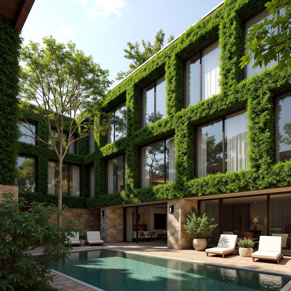 Prompt: Eco-friendly hotel facade, lush green walls, solar panels, rainwater harvesting systems, recyclable materials, energy-efficient lighting, organic gardens, rooftop swimming pool, bamboo flooring, natural stone walls, minimalist interior design, modern furniture, floor-to-ceiling windows, sliding glass doors, warm neutral color palette, soft diffused lighting, shallow depth of field, 3/4 composition, panoramic view, realistic textures, ambient occlusion.