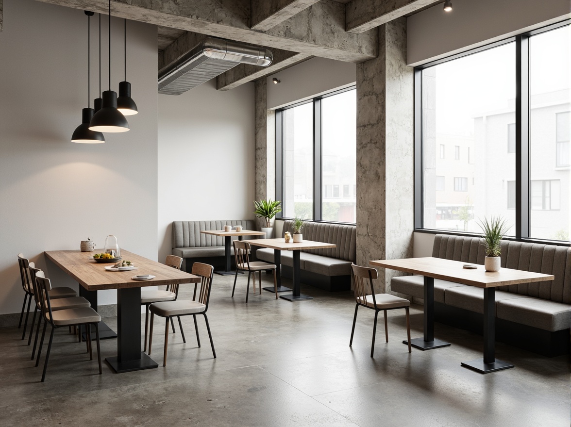 Prompt: Minimalist dining hall, sleek wooden tables, slender metal chairs, simple upholstered benches, industrial pendant lights, concrete flooring, neutral color palette, airy high ceilings, floor-to-ceiling windows, natural daylight, subtle textures, clean lines, Scandinavian-inspired design, monochromatic scheme, 1/1 composition, softbox lighting, realistic reflections.