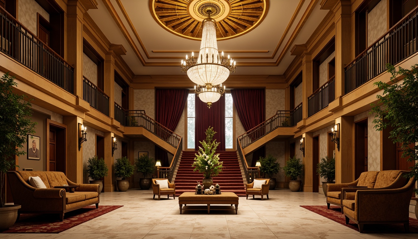 Prompt: Elegant chandeliers, ornate metalwork, grand staircases, marble floors, high ceilings, symmetrical compositions, rich textures, warm golden lighting, soft shadows, subtle color temperatures, intricate moldings, luxurious furnishings, velvet drapes, crystal pendants, bronze sconces, recessed lighting, ambient illumination, dramatic spotlights, ornamental lanterns, stately columns, refined architectural details, sophisticated ambiance, 1/1 composition, shallow depth of field, warm color palette.