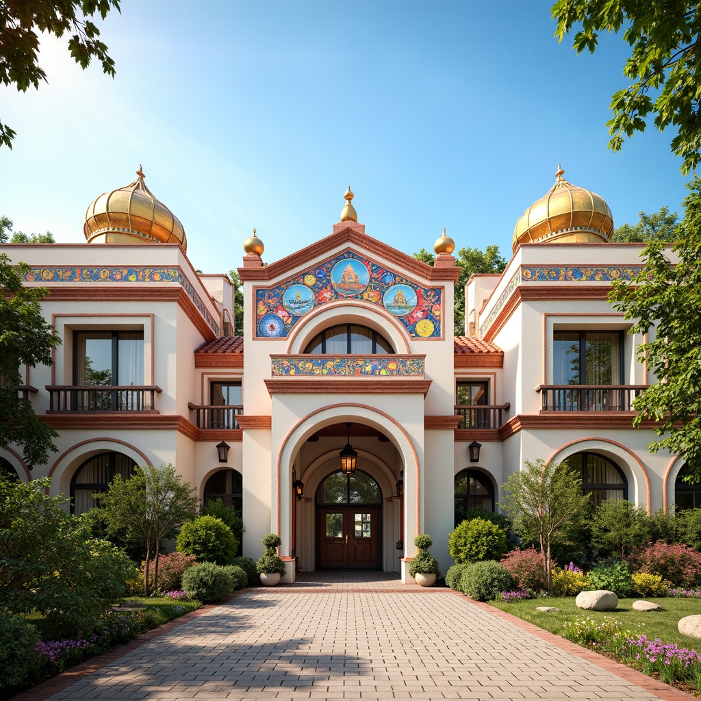 Prompt: Vibrant kindergarten facade, Byzantine-inspired arches, ornate stone carvings, colorful mosaic patterns, golden domes, intricate stucco details, red-tiled roofs, grand entrance gates, playful fresco murals, whimsical sculptures, lush greenery, sunny day, soft warm lighting, shallow depth of field, 1/1 composition, symmetrical arrangement, realistic textures, ambient occlusion.