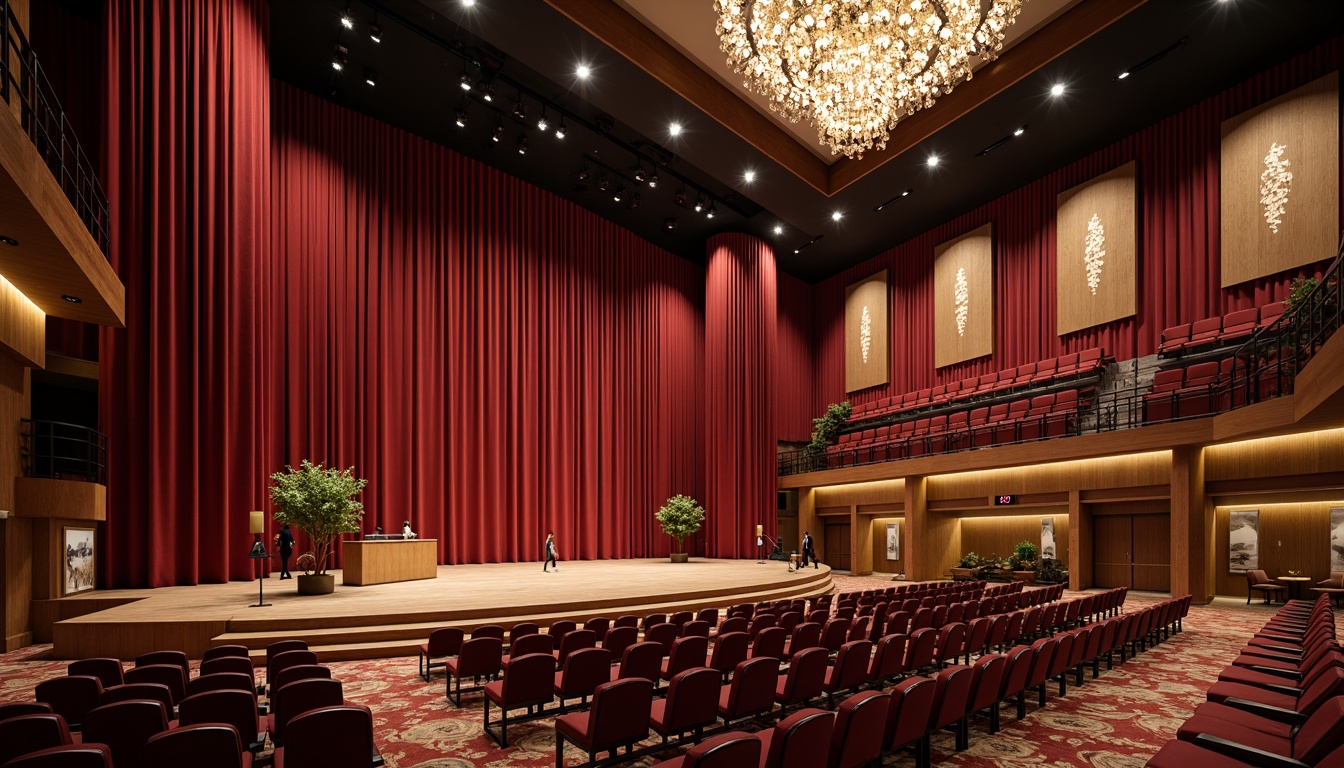 Prompt: \Elegant performing arts center interior, grand stage, velvet curtains, plush theater seating, ornate chandeliers, rich wood accents, luxurious carpets, soundproofing panels, professional lighting rigs, backstage areas, dressing rooms, green rooms, VIP lounges, concession stands, box office counters, modern acoustic design, high ceilings, open floor plans, flexible seating arrangements, minimalist decor, subtle color schemes, soft warm lighting, shallow depth of field, 1/1 composition, realistic textures, ambient occlusion.\