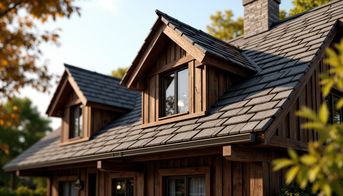 Prompt: Rustic wooden shingles, earthy tone roofs, natural stone chimneys, ornate metal gutters, decorative trusses, steeply pitched angles, charming dormer windows, classic architectural details, rich wood grain textures, soft warm lighting, shallow depth of field, 1/2 composition, realistic materials, ambient occlusion.