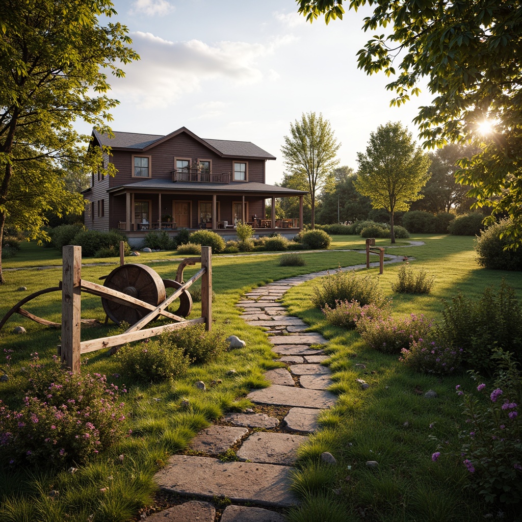 Prompt: Rustic farmhouses, vintage agricultural tools, distressed wooden fences, lush green meadows, blooming wildflowers, natural stone pathways, ornate metal gates, decorative ironwork, curved lines, geometric patterns, earthy color palette, warm golden lighting, soft focus, 1/1 composition, realistic textures, ambient occlusion.