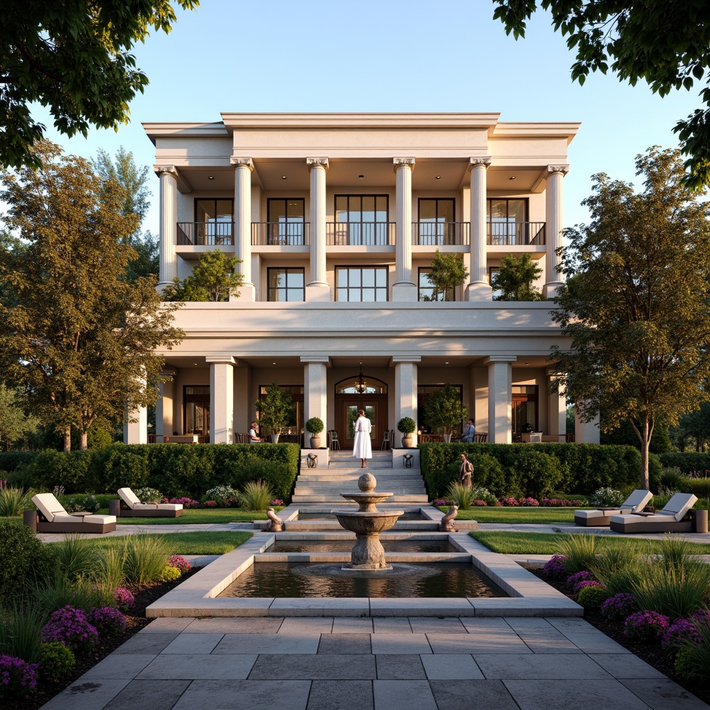 Prompt: Elegant office building facade, symmetrical architecture, ornate columns, carved stone details, manicured lawns, vibrant flower beds, sculpted hedges, walking paths, tranquil water features, serene seating areas, mature trees, natural stone pavers, classical fountains, refined outdoor lighting, warm golden hour, shallow depth of field, 2/3 composition, realistic textures, ambient occlusion.