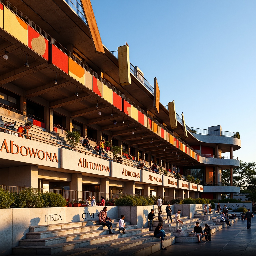 Prompt: Grandstand seating, curved architectural lines, postmodern ornamentation, vibrant color blocking, fragmented fa\u00e7ade treatment, abstract geometric patterns, bold typography, oversized decorative elements, ornate metalwork, rusted steel accents, concrete brutalism, stepped seating platforms, elevated spectator views, dramatic spot lighting, warm golden hour ambiance, shallow depth of field, 1/2 composition, symmetrical framing, detailed textures, ambient occlusion.