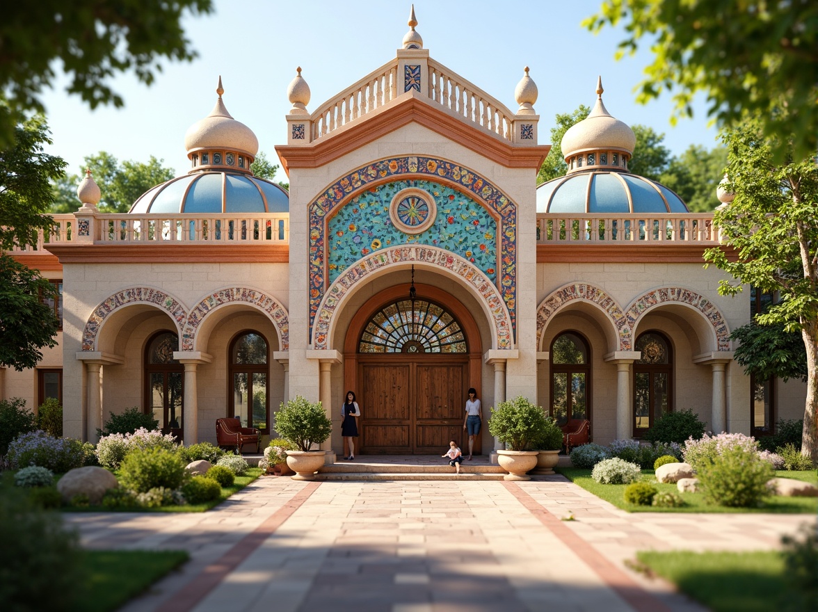 Prompt: Vibrant kindergarten facade, Byzantine-inspired arches, ornate stone carvings, colorful glazed tiles, intricate mosaics, rounded domes, grand entrance gates, playful pediments, whimsical finials, lively murals, patterned brickwork, warm beige stonework, rustic wooden doors, stained glass windows, soft warm lighting, shallow depth of field, 1/1 composition, symmetrical layout, rich textures, ambient occlusion.