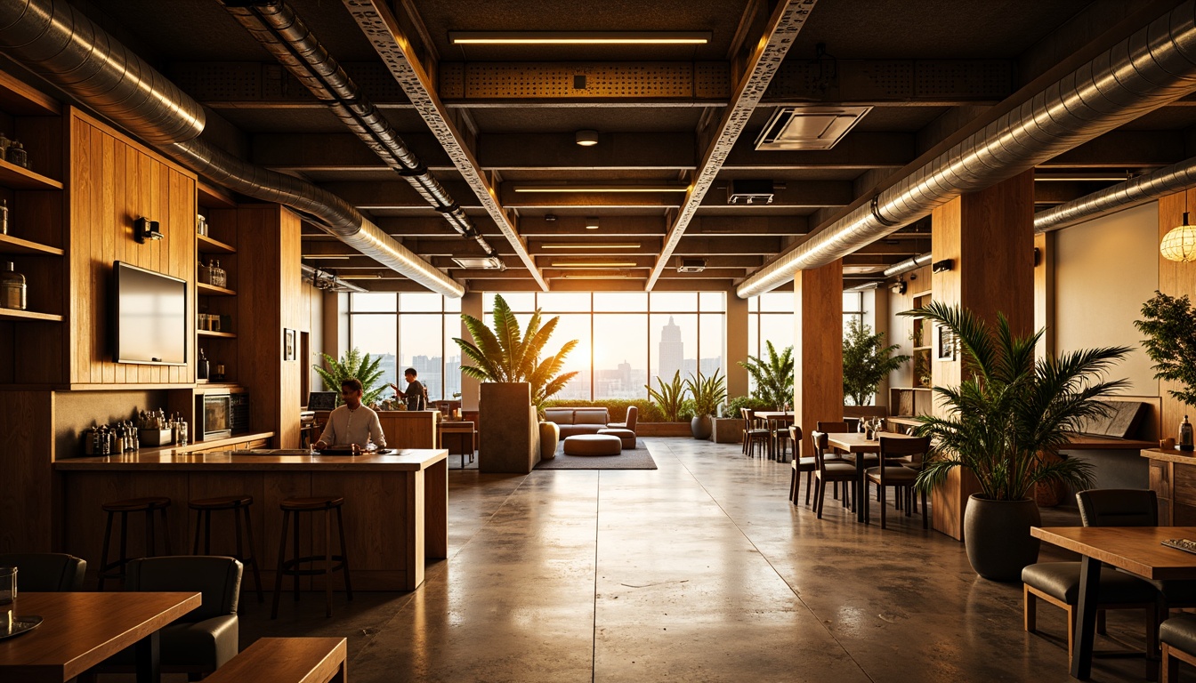 Prompt: Industrial chic interior, perforated metal ceiling, warm golden lighting, soft diffused glow, modern architectural design, urban loft atmosphere, exposed ductwork, polished concrete floors, reclaimed wood accents, edgy decorative elements, dramatic shadow play, high contrast ratios, narrow depth of field, 1/2 composition, realistic metallic textures, subtle ambient occlusion.