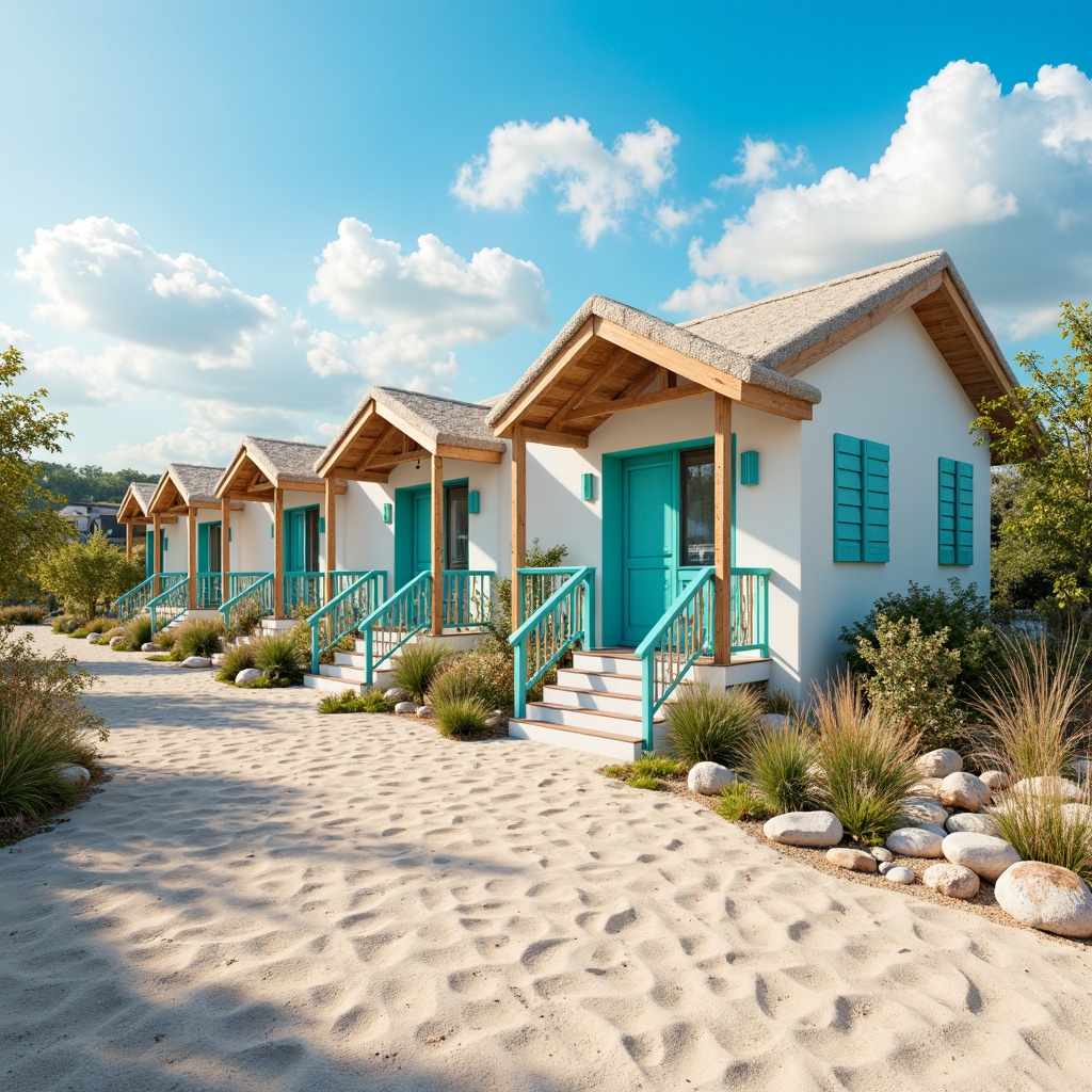 Prompt: Vibrant beachside villas, pastel-hued walls, turquoise accents, sandy dune-inspired roofs, ocean-blue windows, coral-patterned doors, driftwood decorations, seashell-adorned railings, soft warm lighting, shallow depth of field, 1/1 composition, serene beach atmosphere, gentle sea breeze, clear blue sky, fluffy white clouds, realistic textures, ambient occlusion.