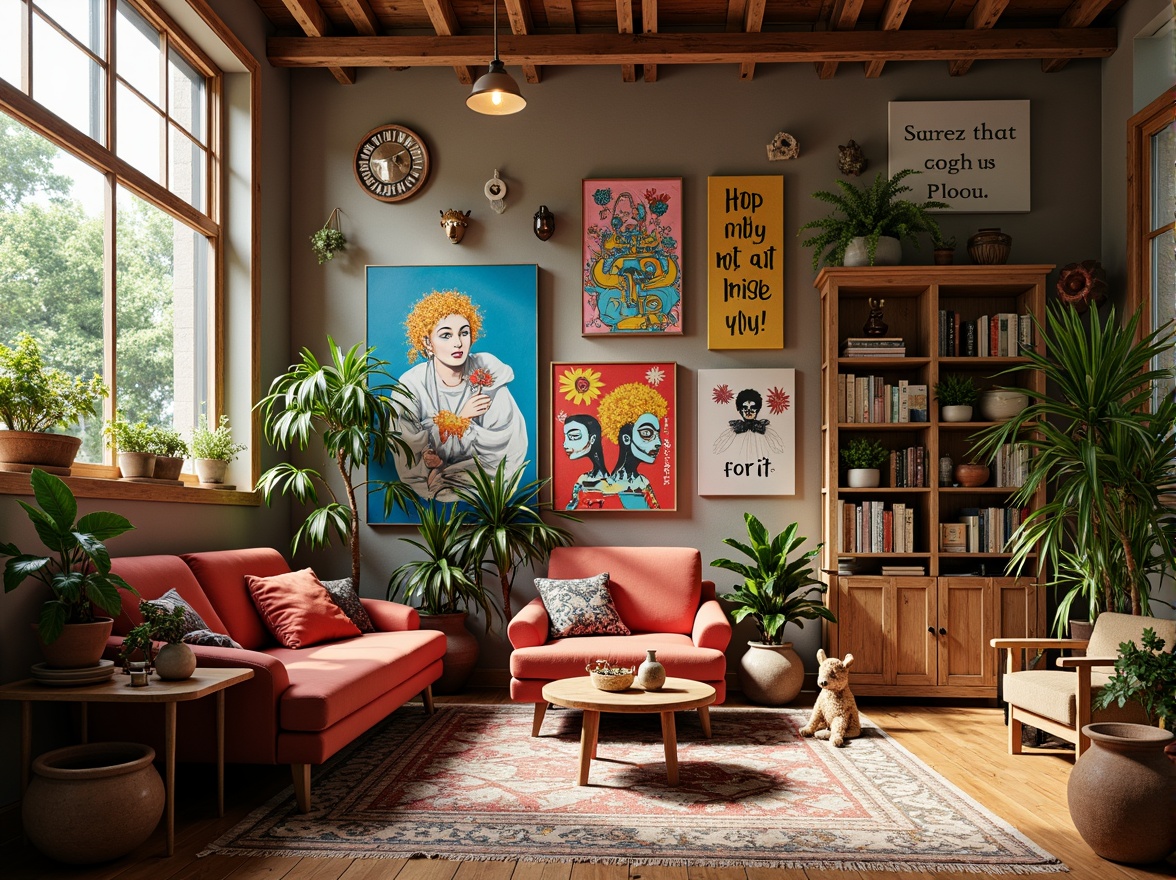 Prompt: Vibrant artistic studio, eclectic furniture arrangement, abstract paintings, colorful sculptures, inspirational quotes, cozy reading nook, warm wooden accents, earthy terracotta pots, lush greenery, natural light pouring in, soft warm glow, shallow depth of field, 3/4 composition, panoramic view, realistic textures, ambient occlusion.