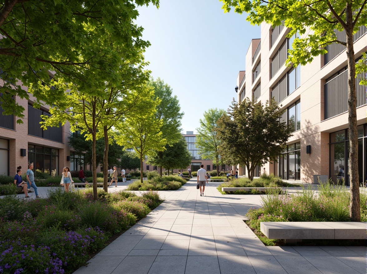 Prompt: Serene urban plaza, lush greenery, vibrant flowers, modern benches, pedestrian walkways, natural stone paving, sleek metal railings, minimalist landscaping, abundant daylight, soft warm lighting, shallow depth of field, 3/4 composition, panoramic view, realistic textures, ambient occlusion.