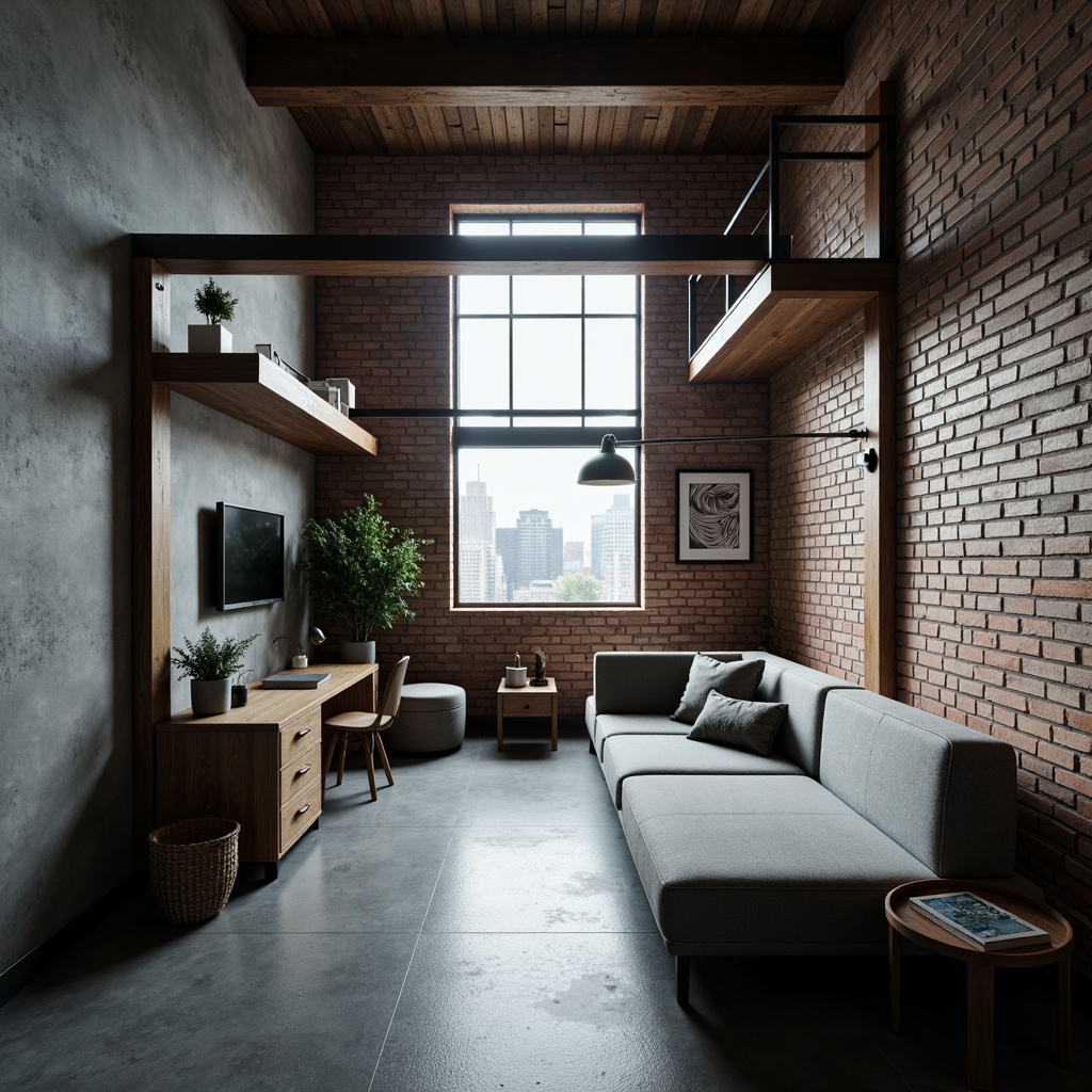 Prompt: Minimalist dorm room, angular lines, geometric shapes, monochromatic color scheme, industrial materials, exposed brick walls, polished concrete floors, modern furniture, sleek metal frames, abstract artwork, ambient lighting, 1/1 composition, shallow depth of field, softbox shadows, subtle textures, futuristic vibe, urban atmosphere, cozy nooks, compact storage solutions.