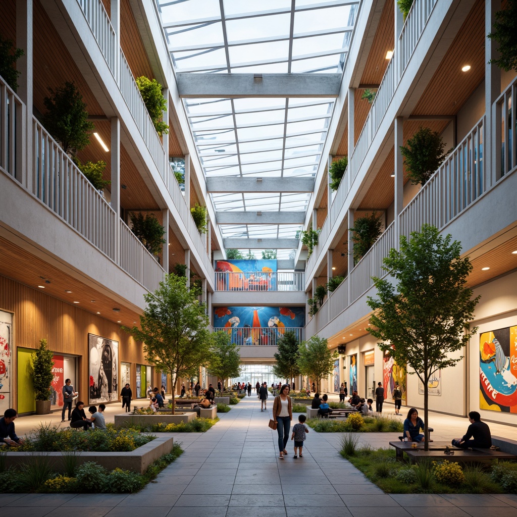 Prompt: Vibrant community center, natural light-filled atrium, colorful murals, communal kitchen, gathering spaces, outdoor playgrounds, green roofs, urban gardens, public art installations, inclusive accessible design, social hubs, interactive exhibits, educational workshops, cultural events, diverse demographics, mixed-income residents, affordable housing units, modern architecture, sustainable building materials, energy-efficient systems, pedestrian-friendly streets, bike lanes, nearby public transportation, bustling city atmosphere, warm inviting lighting, shallow depth of field, 1/2 composition, realistic textures, ambient occlusion.