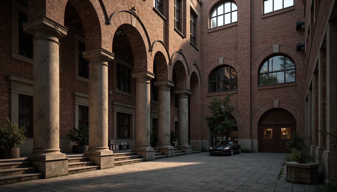 Prompt: Rustic industrial backdrop, aged brick facade, ornate neoclassical columns, grand entrance archways, intricate stone carvings, metallic accents, large multi-paned windows, symmetrical composition, subtle color palette, earthy tones, rough-hewn textures, atmospheric lighting, soft shadows, cinematic framing, 2/3 composition, dramatic depth of field, photorealistic rendering.