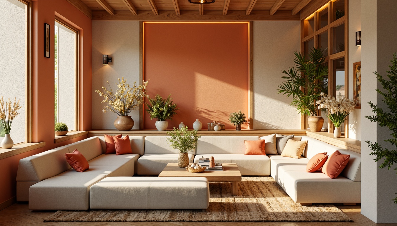 Prompt: Vibrant orange hues, soft peach tones, calming mint greens, creamy whites, rich wood accents, natural linen textures, warm golden lighting, inviting atmosphere, cozy interior design, comfortable seating areas, plush throw pillows, decorative vases, elegant centerpieces, lush greenery, blooming flowers, subtle sheen finishes, refined metallic details, sophisticated patterns, harmonious color harmony.