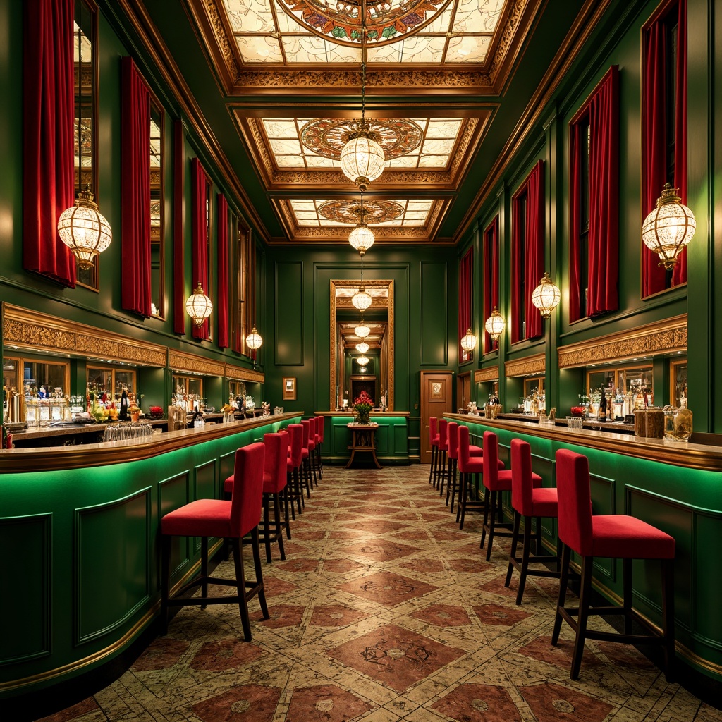 Prompt: Opulent bar interior, rich jewel tones, emerald green walls, luxurious gold accents, ornate bronze fixtures, velvety red drapes, intricate wooden carvings, stained glass ceilings, mosaic tile floors, warm golden lighting, soft focus, shallow depth of field, 1/2 composition, atmospheric perspective, vivid textures, realistic reflections.