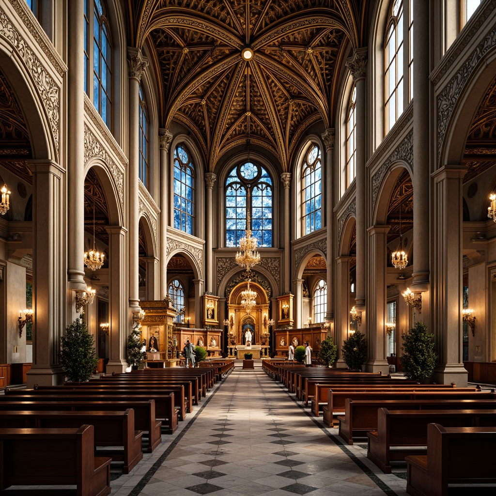 Prompt: Ornate church facade, intricately carved stone details, ornamental metalwork, geometric patterns, chevron motifs, zigzag lines, sunburst designs, luxurious materials, marble floors, stained glass windows, grand chandeliers, vaulted ceilings, symmetrical composition, warm golden lighting, dramatic shadows, high contrast ratio, 1/2 composition, ornate altarpieces, gilded accents, statues of saints, floral patterns, peacock-inspired motifs, vibrant blue and gold hues.