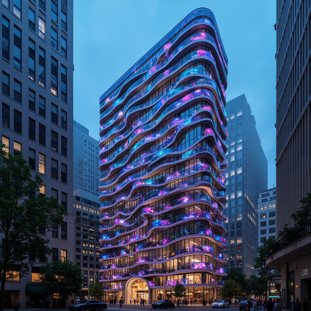 Prompt: Bioluminescent metabolism-inspired facade, undulating curves, parametric patterns, iridescent colors, translucent materials, organic textures, futuristic urban landscape, dense cityscape, vibrant neon lights, misty atmosphere, shallow depth of field, 1/2 composition, wide-angle lens, high-contrast lighting, ambient occlusion, realistic reflections.Note