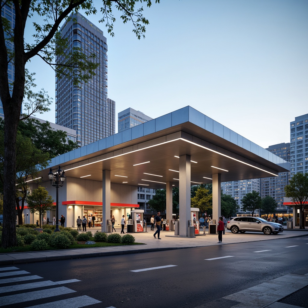 Prompt: Sleek gas station, modernist architecture, clean lines, minimalist design, metallic facade, LED lighting strips, cantilevered canopies, angular pillars, industrial materials, concrete foundations, bold color schemes, futuristic vibes, urban cityscape, bustling streets, afternoon sun, high-contrast shadows, dramatic lighting effects, 1/2 composition, symmetrical framing, sharp textures, ambient occlusion.