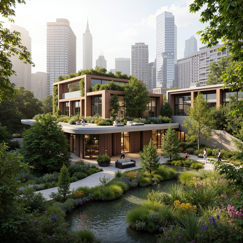 Prompt: Eco-friendly building, green roofs, solar panels, wind turbines, water conservation systems, recycled materials, natural ventilation, large windows, abundant daylight, energy-efficient systems, sustainable urban planning, futuristic architecture, minimalist design, sleek metal structures, living walls, vertical gardens, lush greenery, vibrant flowers, organic shapes, curved lines, biomimicry elements, soft warm lighting, shallow depth of field, 3/4 composition, panoramic view, realistic textures, ambient occlusion.