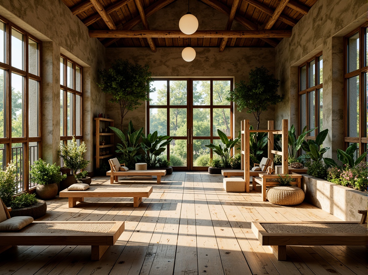 Prompt: Rustic fitness studio, reclaimed wood flooring, natural stone walls, living green walls, bamboo equipment, wooden exercise benches, woven rattan furniture, earthy color palette, warm lighting, organic textures, subtle shadows, 1/2 composition, intimate atmosphere, serene ambiance, nature-inspired artwork, plants and flowers, soft music background.