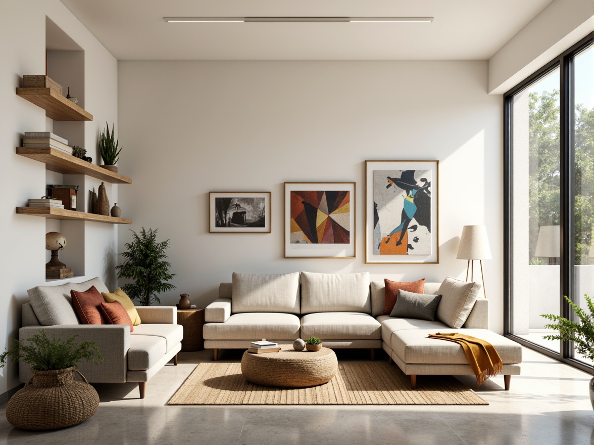 Prompt: Minimalist living room, sleek low-profile furniture, creamy white walls, polished concrete floors, floor-to-ceiling windows, natural textiles, woven baskets, potted greenery, ambient soft lighting, 1/1 composition, shallow depth of field, warm color palette, cozy reading nooks, built-in shelving, geometric patterns, modern art pieces, rustic wood accents, comfortable plush sofas, vibrant throw pillows, functional storage ottomans.