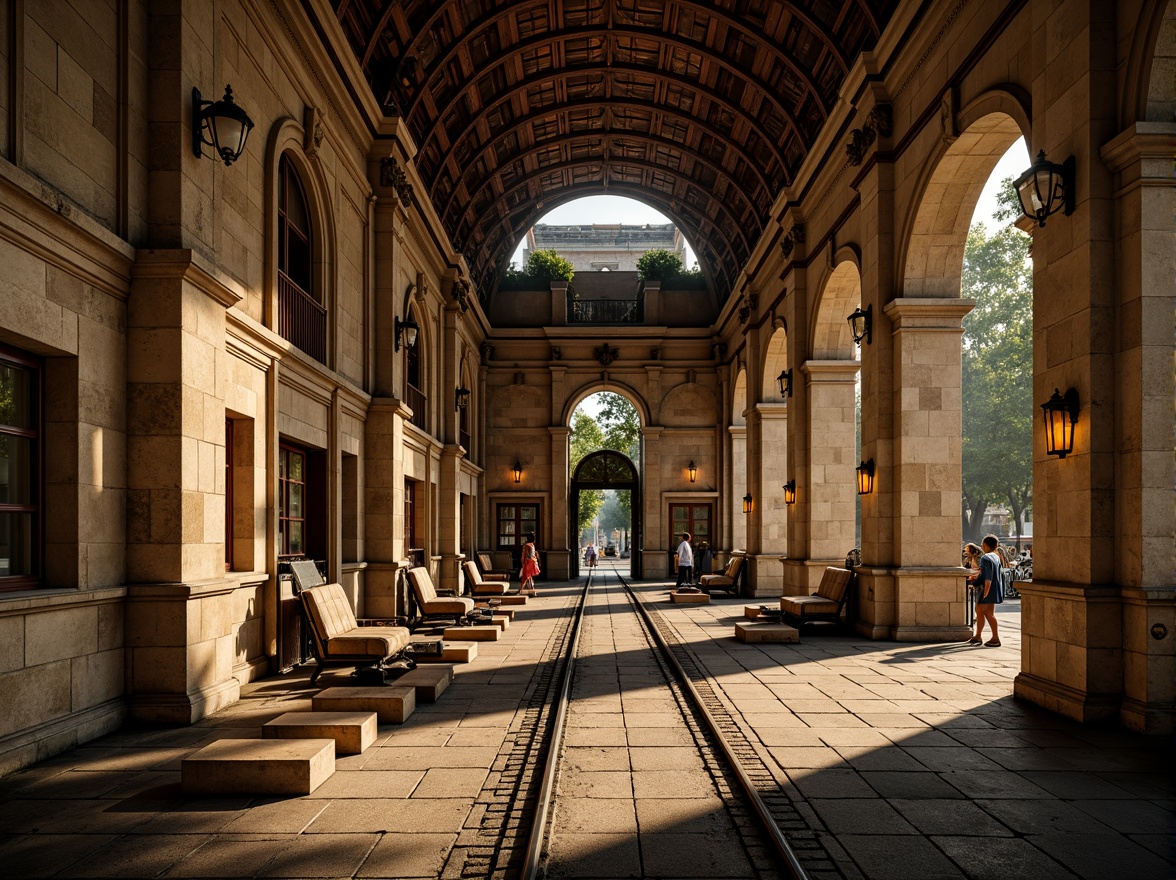 Prompt: Vaulted ceilings, grand archways, ornate columns, rustic stone walls, vintage tram tracks, antique lanterns, distressed wooden benches, classic clock towers, intricate ironwork, warm golden lighting, shallow depth of field, 1/2 composition, symmetrical framing, rich textures, ambient occlusion, nostalgic atmosphere.