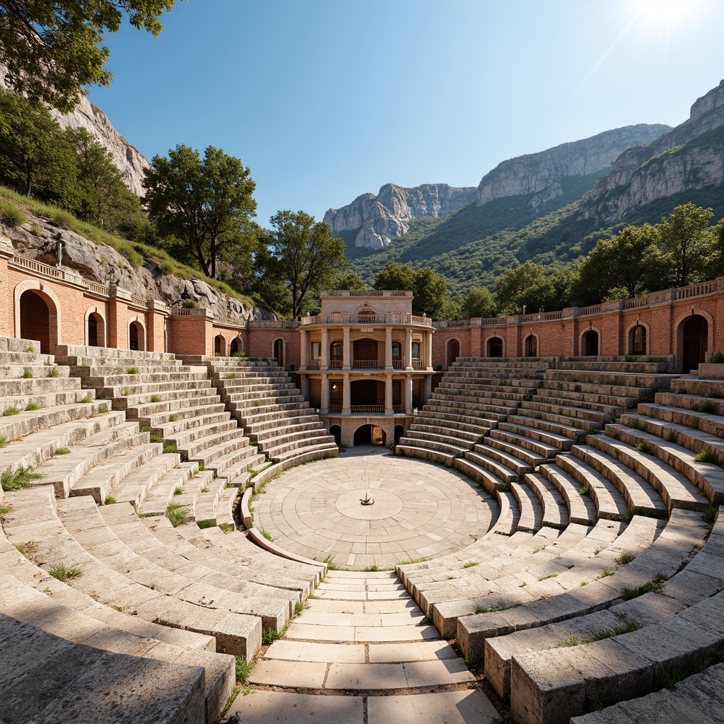 Prompt: Ancient amphitheater, weathered stone seating, rustic brick walls, worn marble floors, ornate arches, columnar structures, natural rock formations, surrounding lush greenery, Mediterranean landscape, bright sunny day, warm soft lighting, shallow depth of field, 3/4 composition, panoramic view, realistic textures, ambient occlusion.