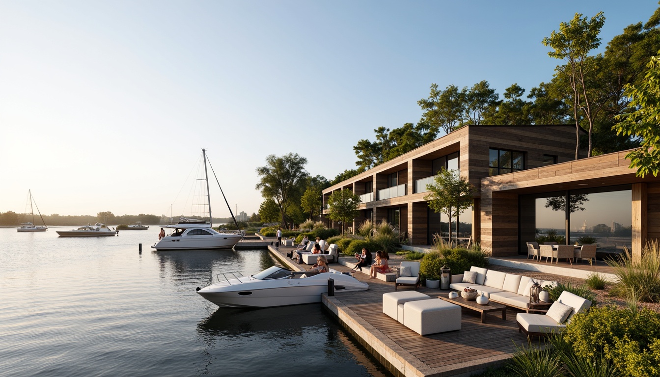 Prompt: Luxurious boathouse, waterfront location, wooden dock, sailboats, yachts, calm lake waters, sunny day, soft warm lighting, shallow depth of field, 3/4 composition, panoramic view, realistic textures, ambient occlusion, modern minimalist design, large windows, sliding glass doors, outdoor living spaces, rooftop decks, infinity pools, lush greenery, tropical plants, natural stone walls, weathered wood accents, nautical-themed decor, vibrant colorful textiles, intricate rope details.