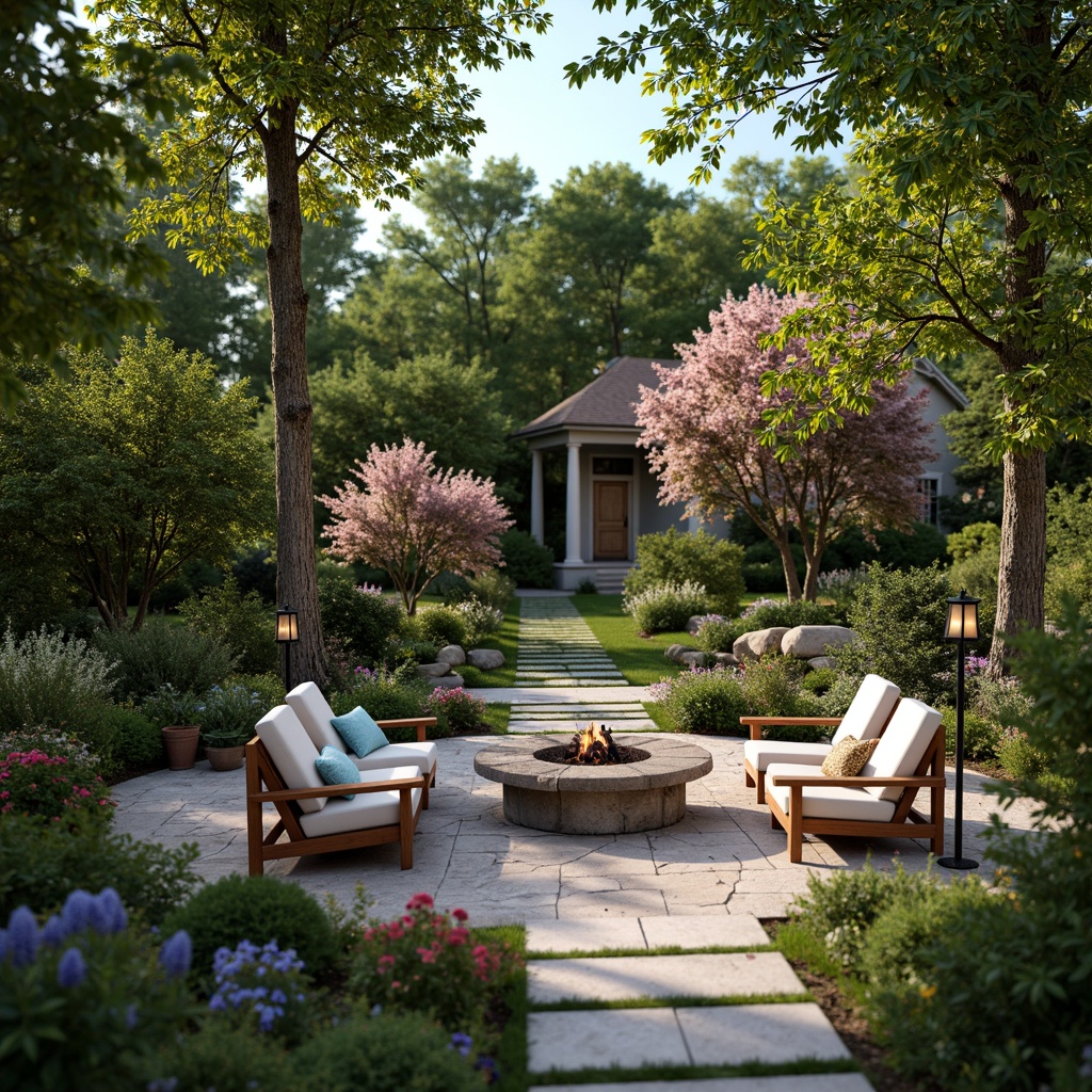 Prompt: Inviting backyard oasis, lush greenery, blooming flowers, comfortable outdoor seating, wooden patio furniture, rustic fire pit, lanterns, natural stone pathways, vibrant flower pots, soft warm lighting, shallow depth of field, 3/4 composition, panoramic view, realistic textures, ambient occlusion.Let me know if this meets your requirements!