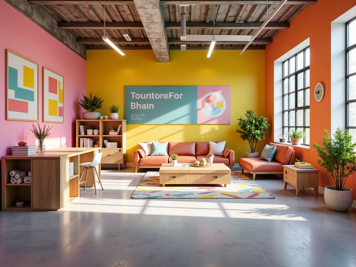 Prompt: Vibrant design studio, modern color swatches, pastel hues, bold typography, abstract shapes, geometric patterns, bright accent walls, minimalistic furniture, creative workspaces, collaborative atmosphere, natural light pouring in, warm cozy ambiance, 1/1 composition, shallow depth of field, realistic textures, ambient occlusion.